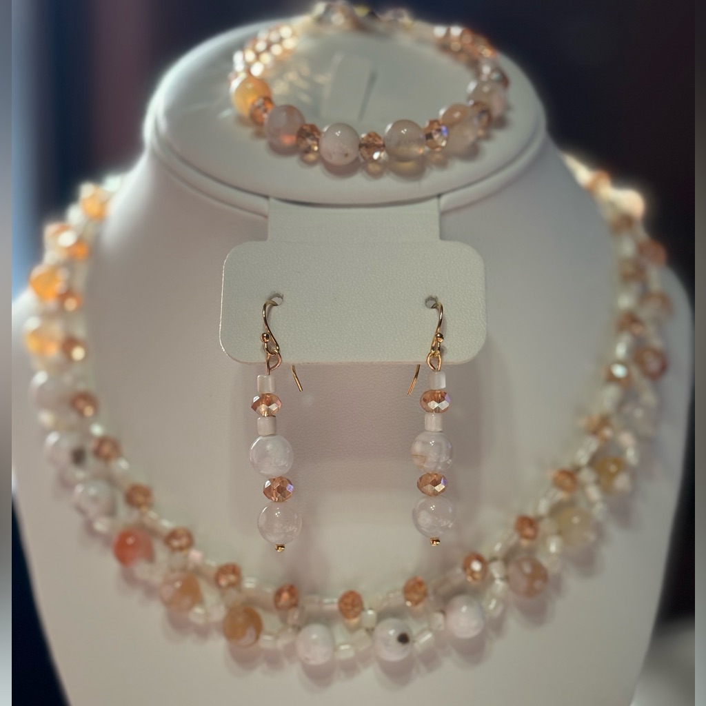 Hand Crafted Orange Agate Stones, Mother Of Pearl & Czech Crystals 3 Piece Set